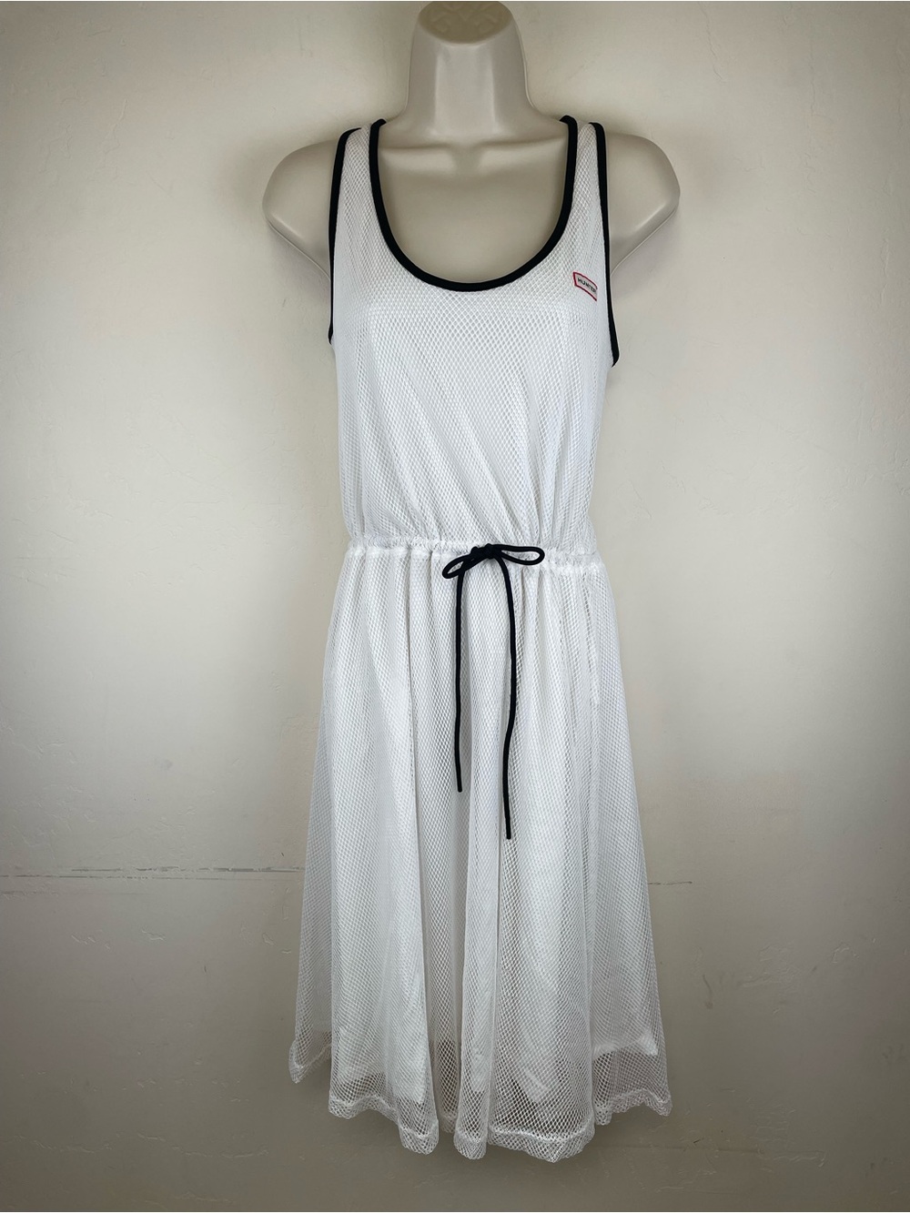 Hunter White Mesh Drawstring Tank Dress with Black Trim